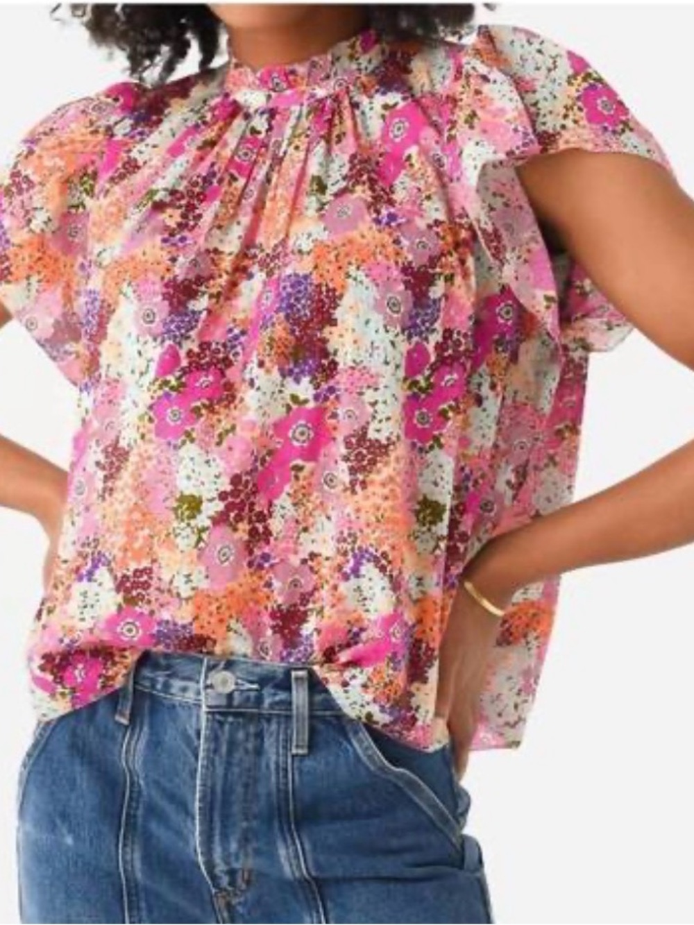 Trovata Carla high neck Flutter Sleeve Blouse in Young Meadow in XS oversized